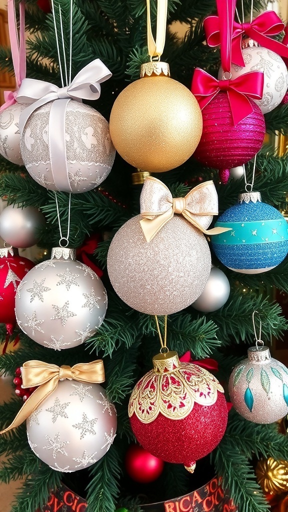 Colorful DIY XL Christmas ornaments hanging on a tree, showcasing glitter and ribbons.